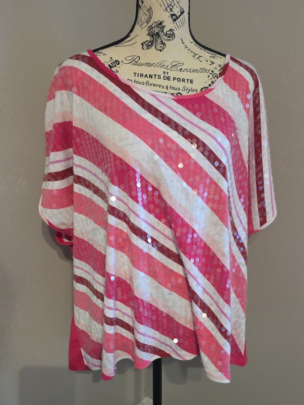 Women's Faded Glory Pink and White Sequin Striped Short Sleeve Top Plus Size 4X